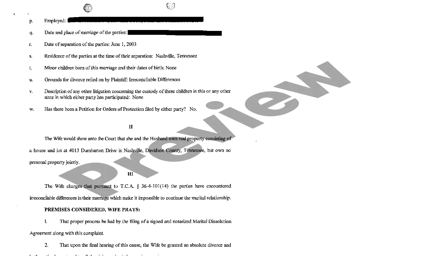 Preview A01 Complaint for Absolute Divorce