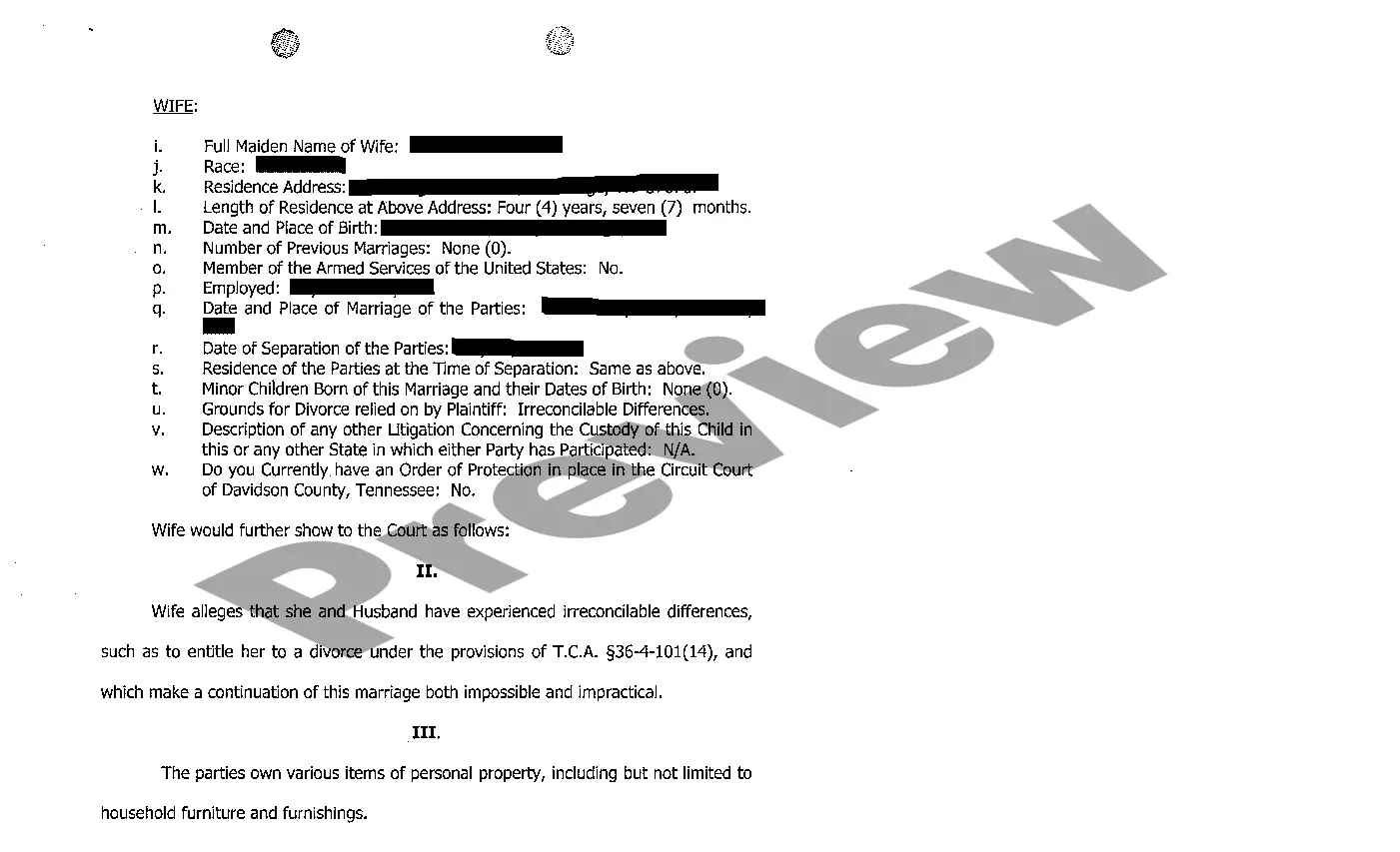 Preview A01 Complaint for Divorce Based Upon Grounds of Irreconcilable Differences