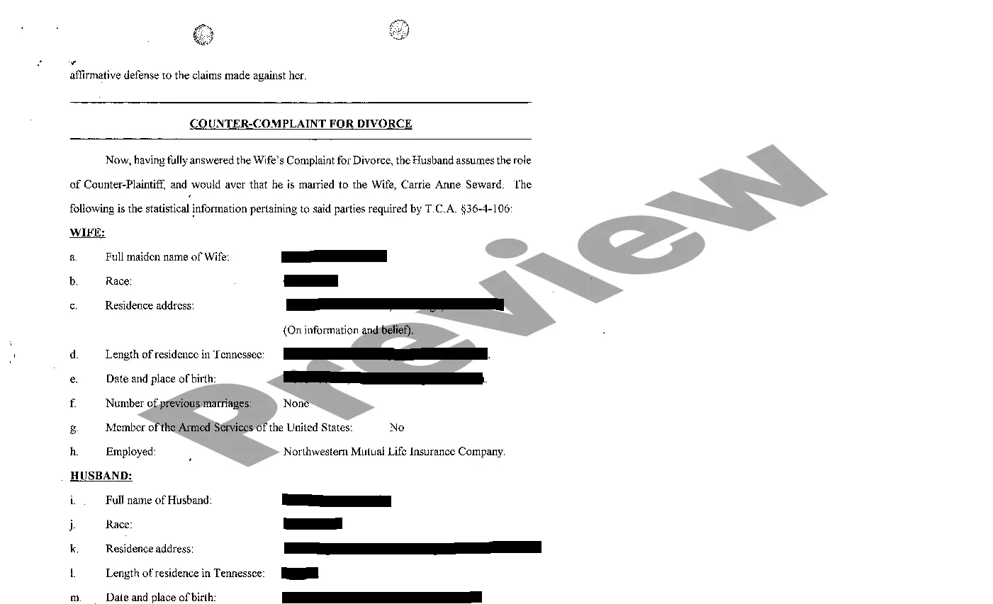 Preview A02 Answer and Counter Complaint for Divorce