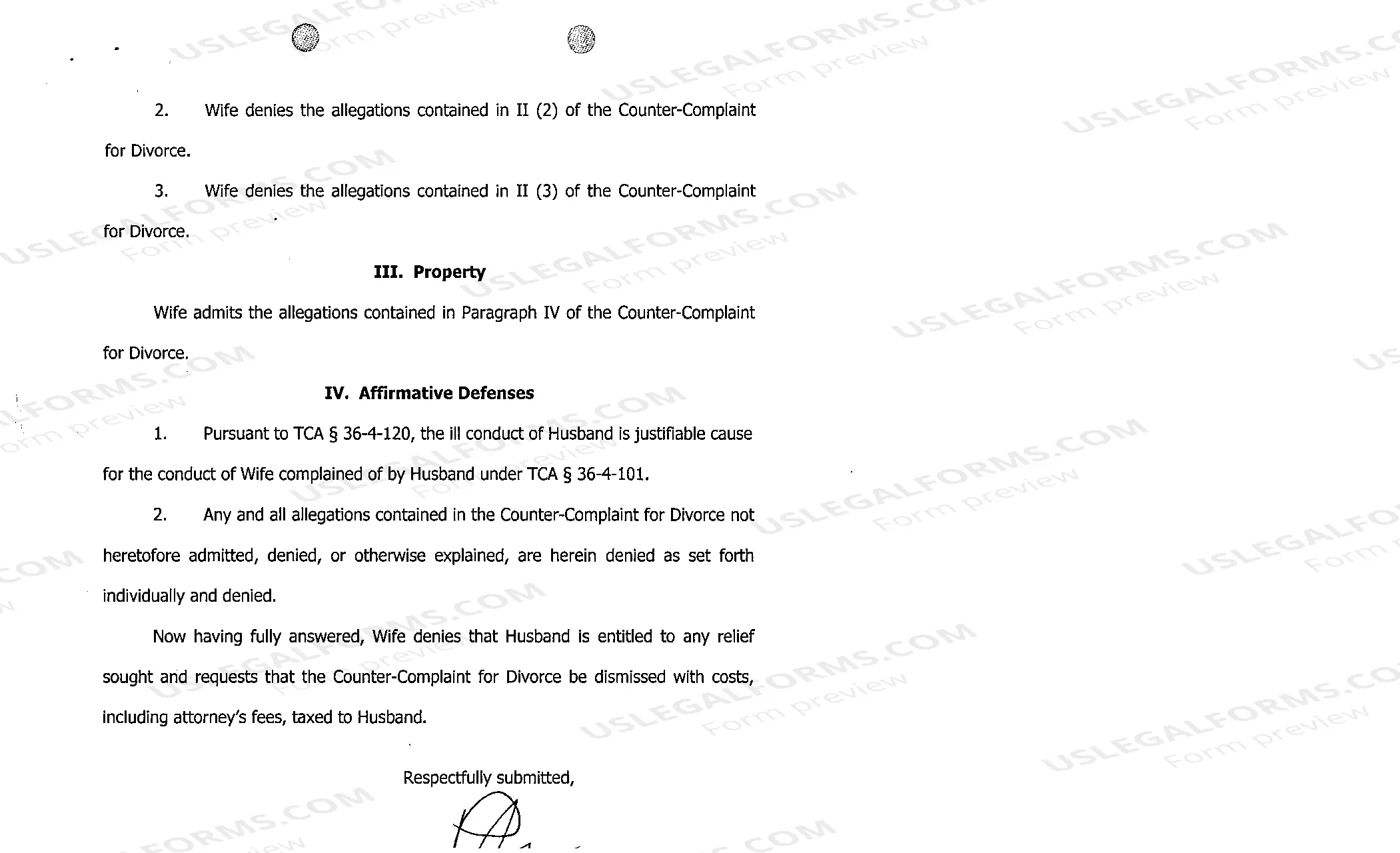 Preview A03 Wife's Answer to Counter Complaint for Divorce