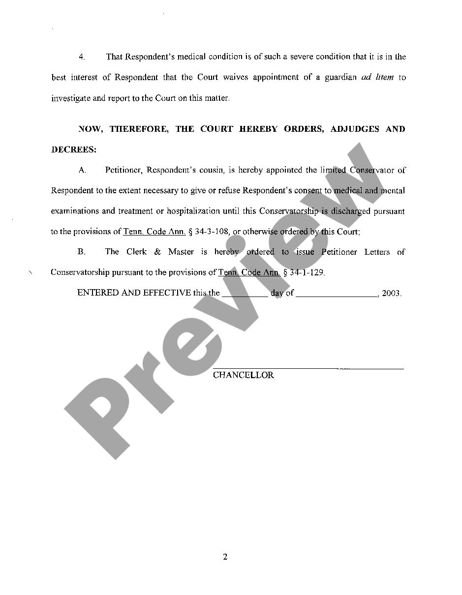 Tennessee Order Of Limited Conservatorship - Tennessee Conservatorship ...