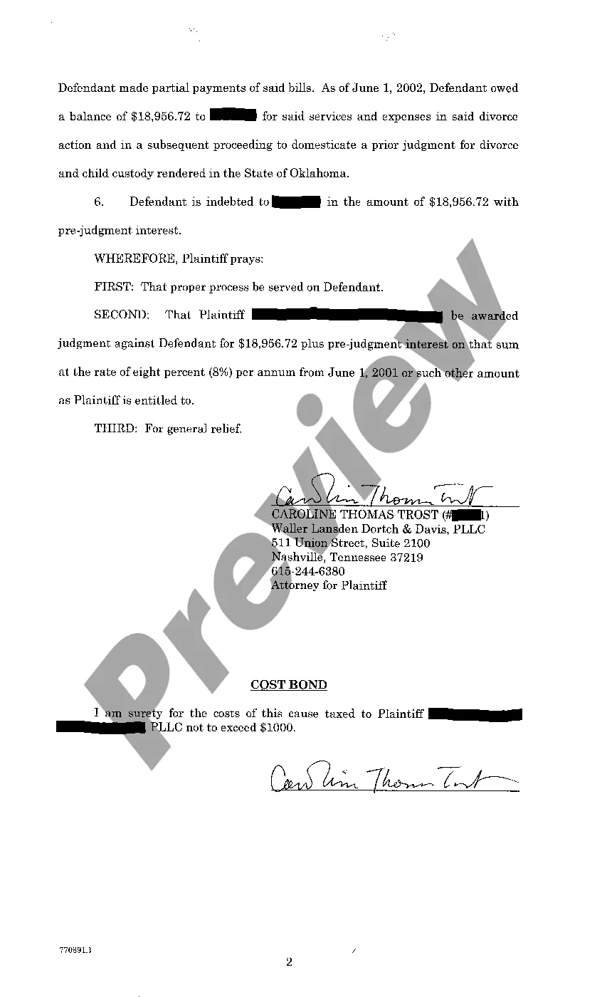 Preview A01 Complaint to Collect Attorneys Fees for Defendant Representation in Divorce Action