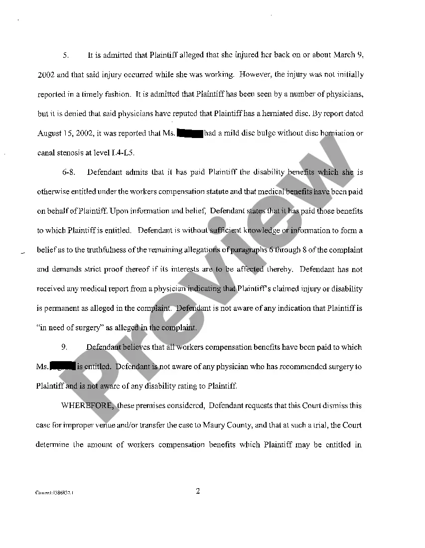 Preview A02 Answer of Defendant to Complaint for Worker's Compensation Benefits for Low Back Injury