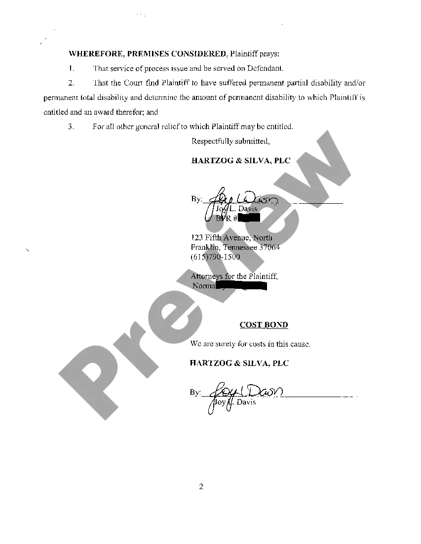 Preview A01 Complaint for Worker's Compensation Benefits for Low Back Injury