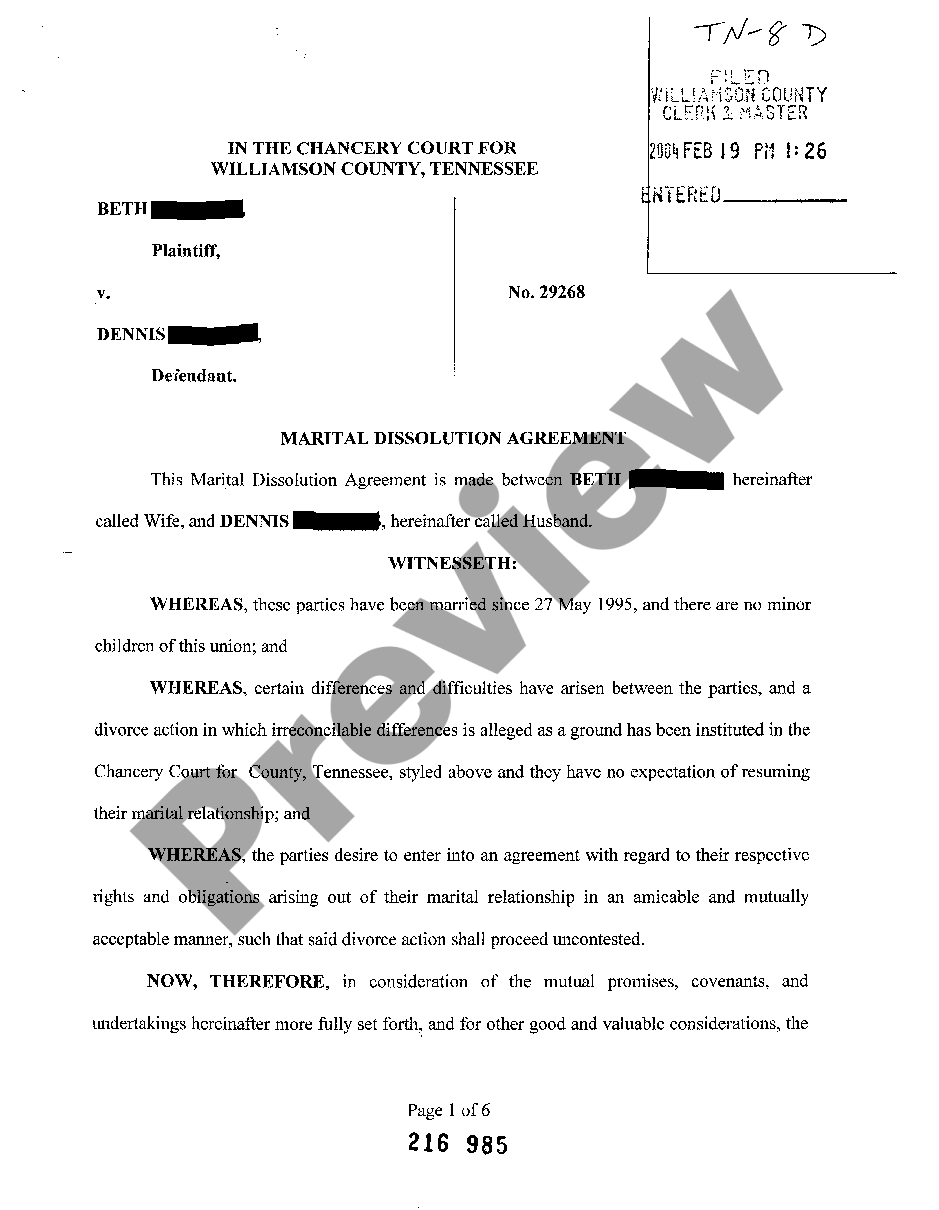 Marital Dissolution Agreement Tennessee Form Form Us Legal Forms 3471