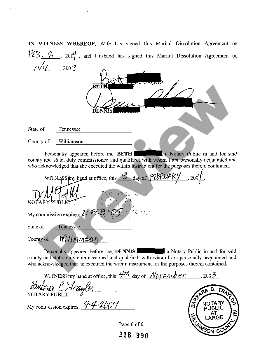 Marital Dissolution Agreement Tennessee Form Form Us Legal Forms 7897