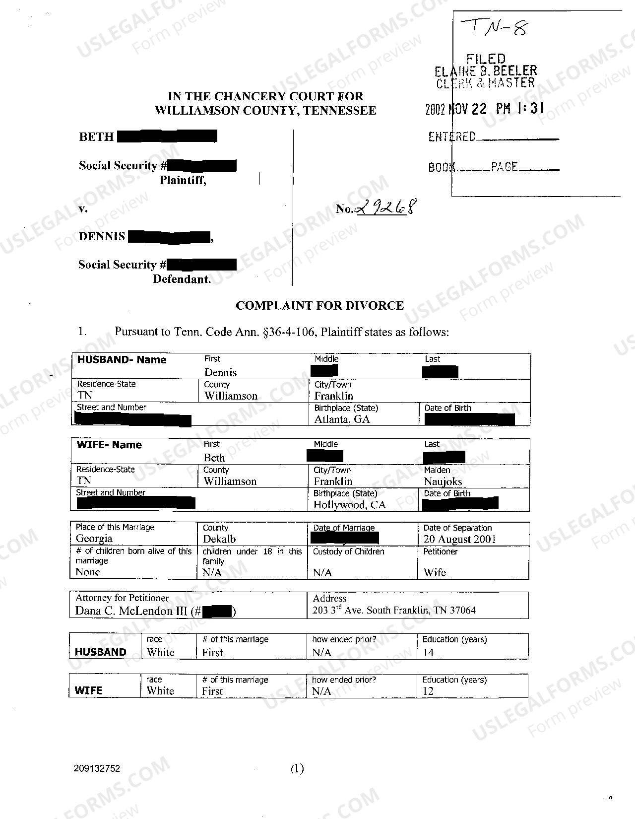 Tennessee Complaint For Divorce on Grounds of Irreconcilable Differences Without Children US