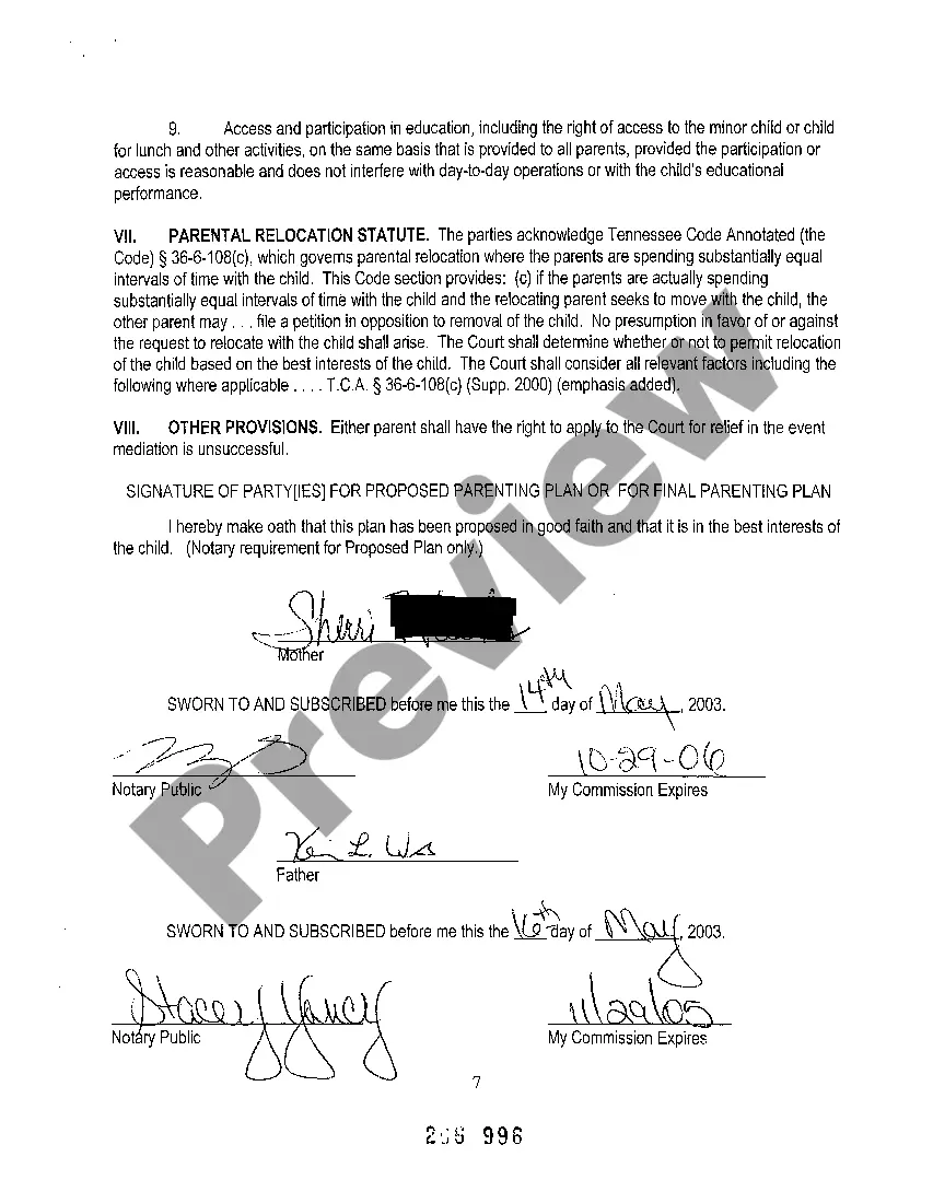 Preview A02 Permanent Parenting Plan