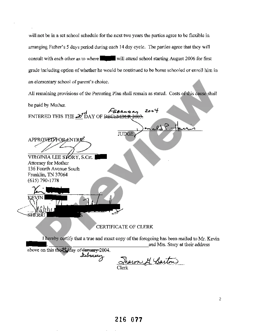 Get A03 Agreed Order Confirming Inclusion of Parenting Plan into Final Decree Preview A03 Agreed Order Confirming Inclusion of Parenting Plan into Final Decree