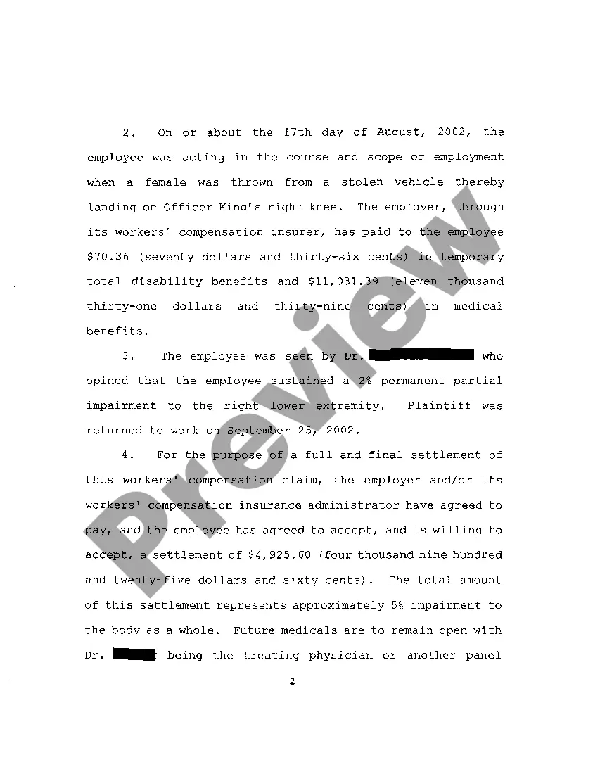 Get A01 Petition to Approve Workers Comp Settlement for Police Officer Injured in Scope of Employment Preview A01 Petition to Approve Workers Comp Settlement for Police Officer Injured in Scope of Employment