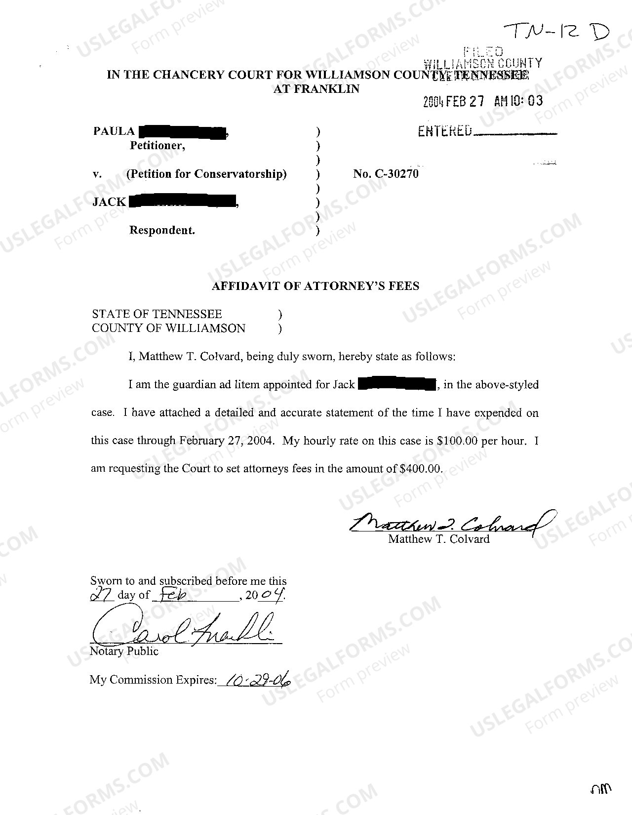 Nashville Tennessee Affidavit of Attorneys Fees US Legal Forms
