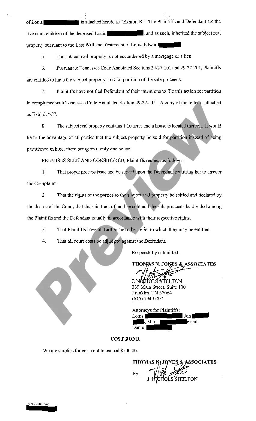 Preview A01 Complaint For Partition of Real Property