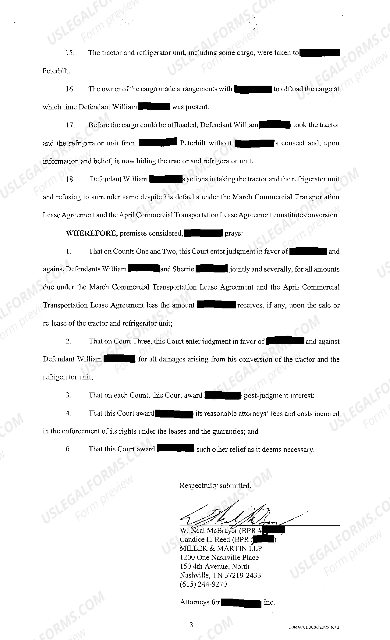 Preview A01 Complaint for Breach of Contract of Commercial Transportation Lease Agreement