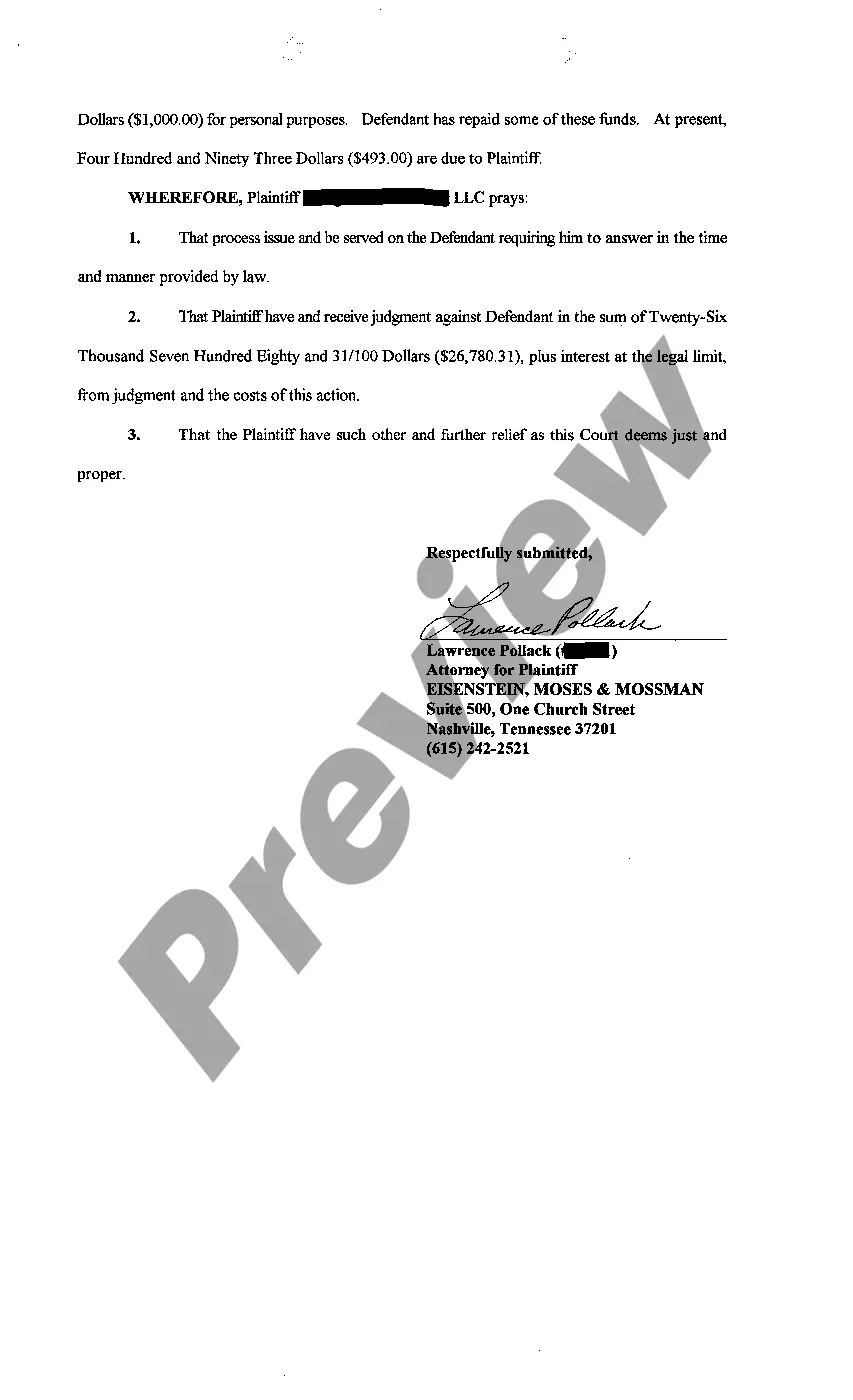 Preview A01 Complaint for Demand for Payment by Employer for Excess of Draw Earned by Defendant