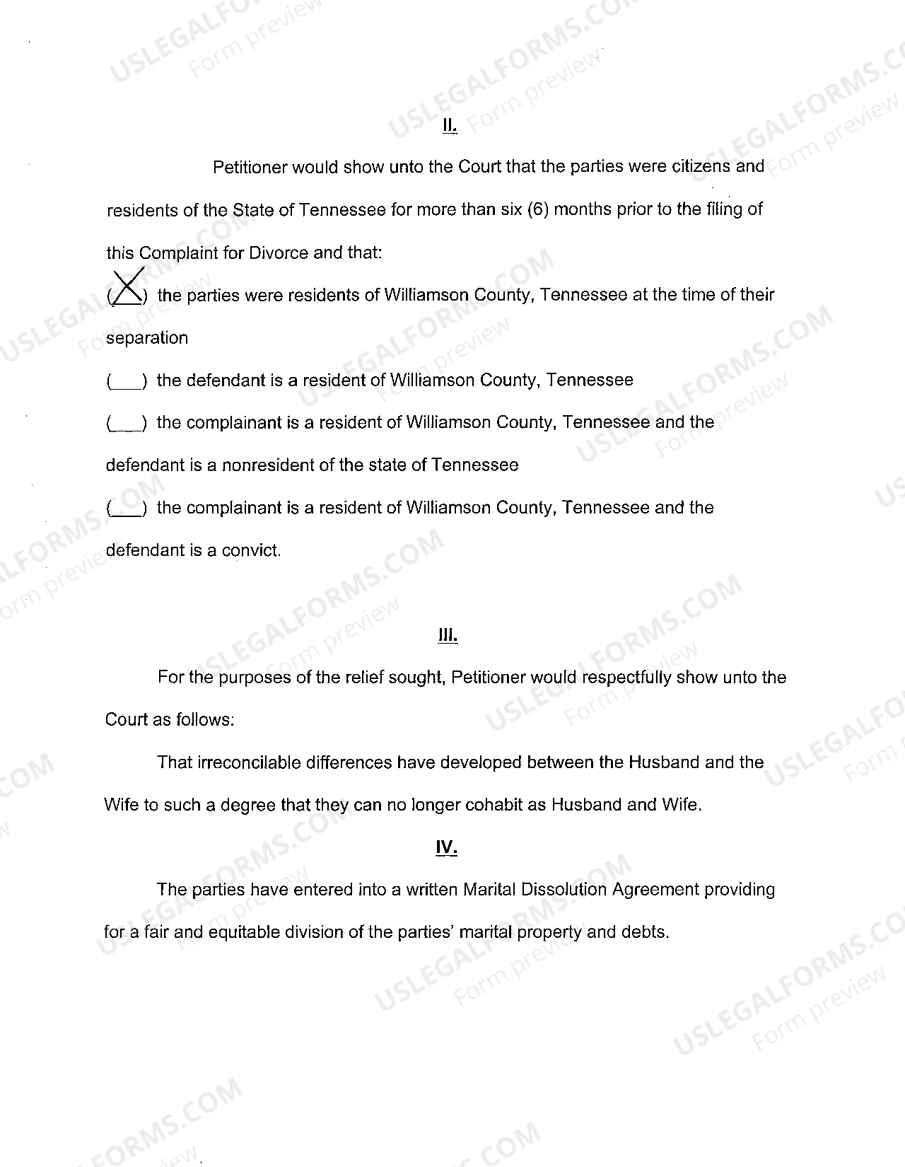 Preview A01 Pro Se Complaint for Divorce Based Upon Irreconcilable Differences Without Children