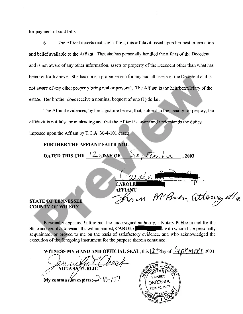 Preview A01 Affidavit of Small Estate