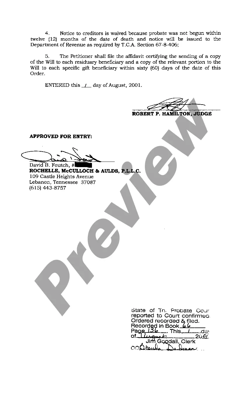 Preview A02 Order Admitting Will and Codicils - Will Changes or Amendments and Waiving Notices