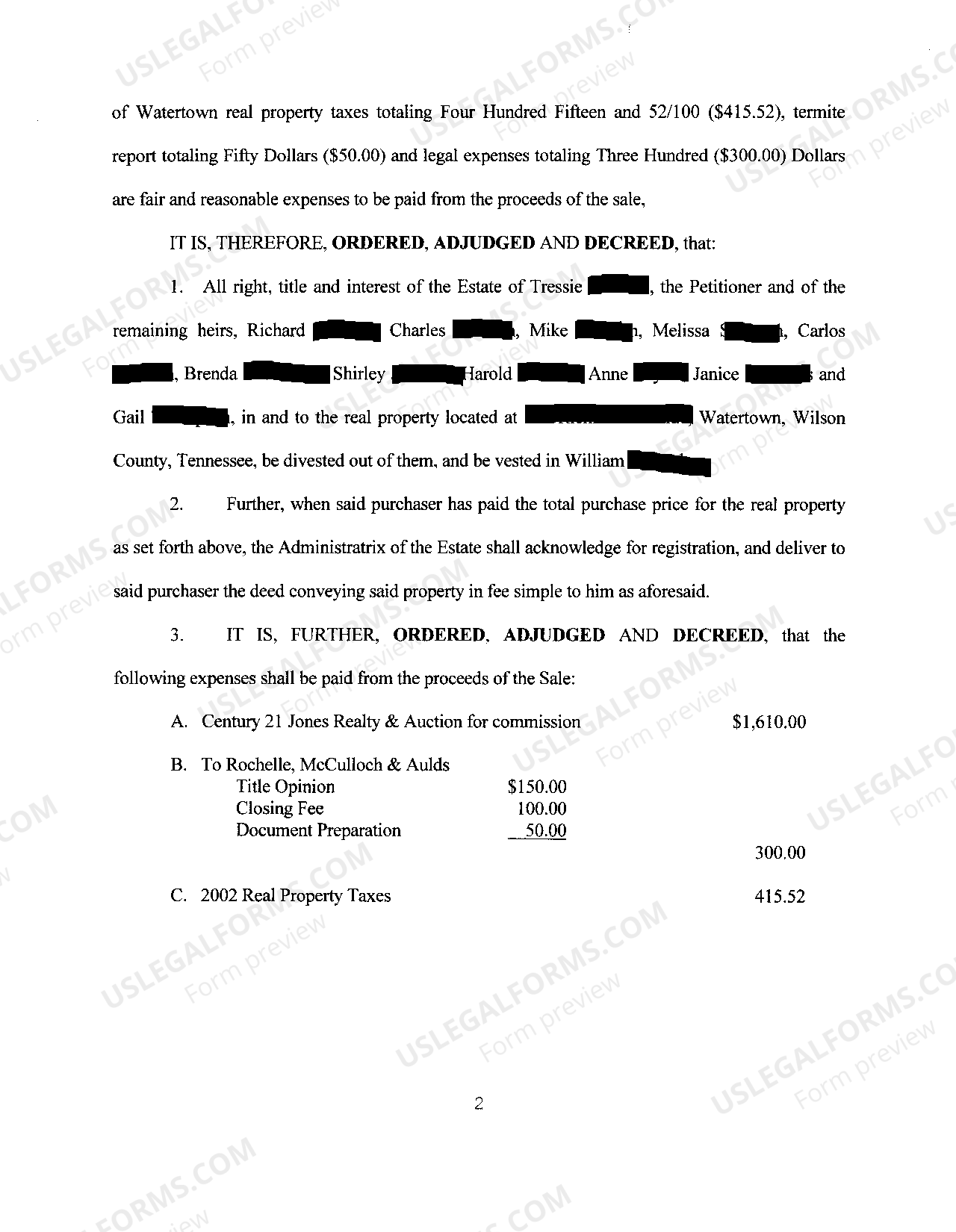 Chattanooga Tennessee Order Confirming Sale of Real Property US Legal