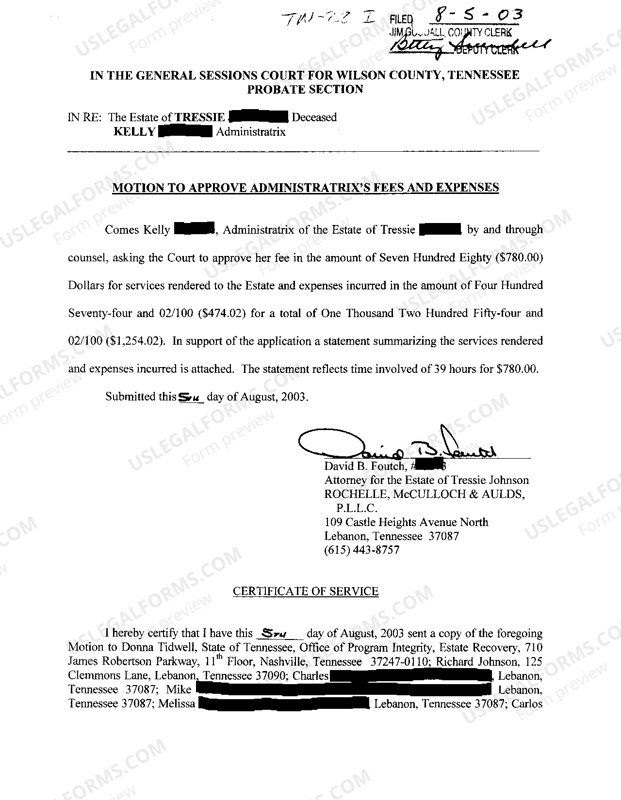 Tennessee Motion To Approve Administratrix's Fees for Handling of