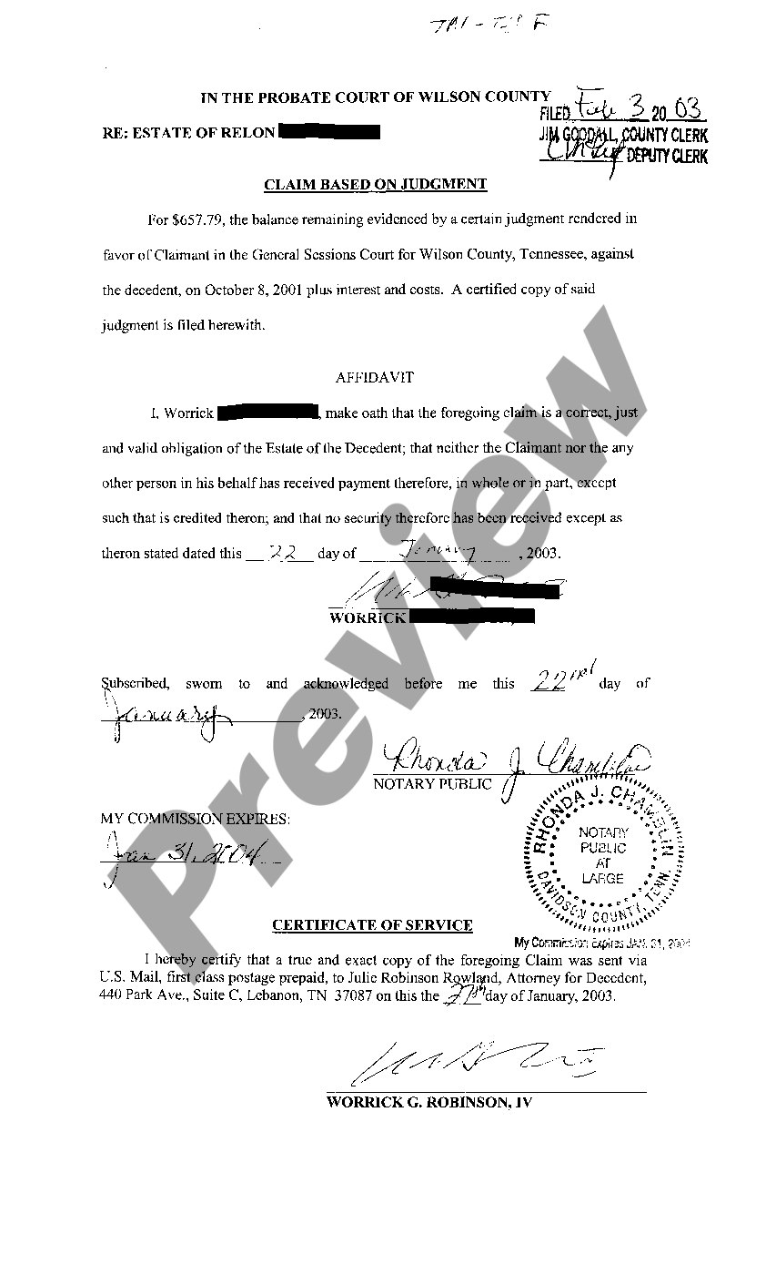 Tennessee Claim Based On Judgment US Legal Forms