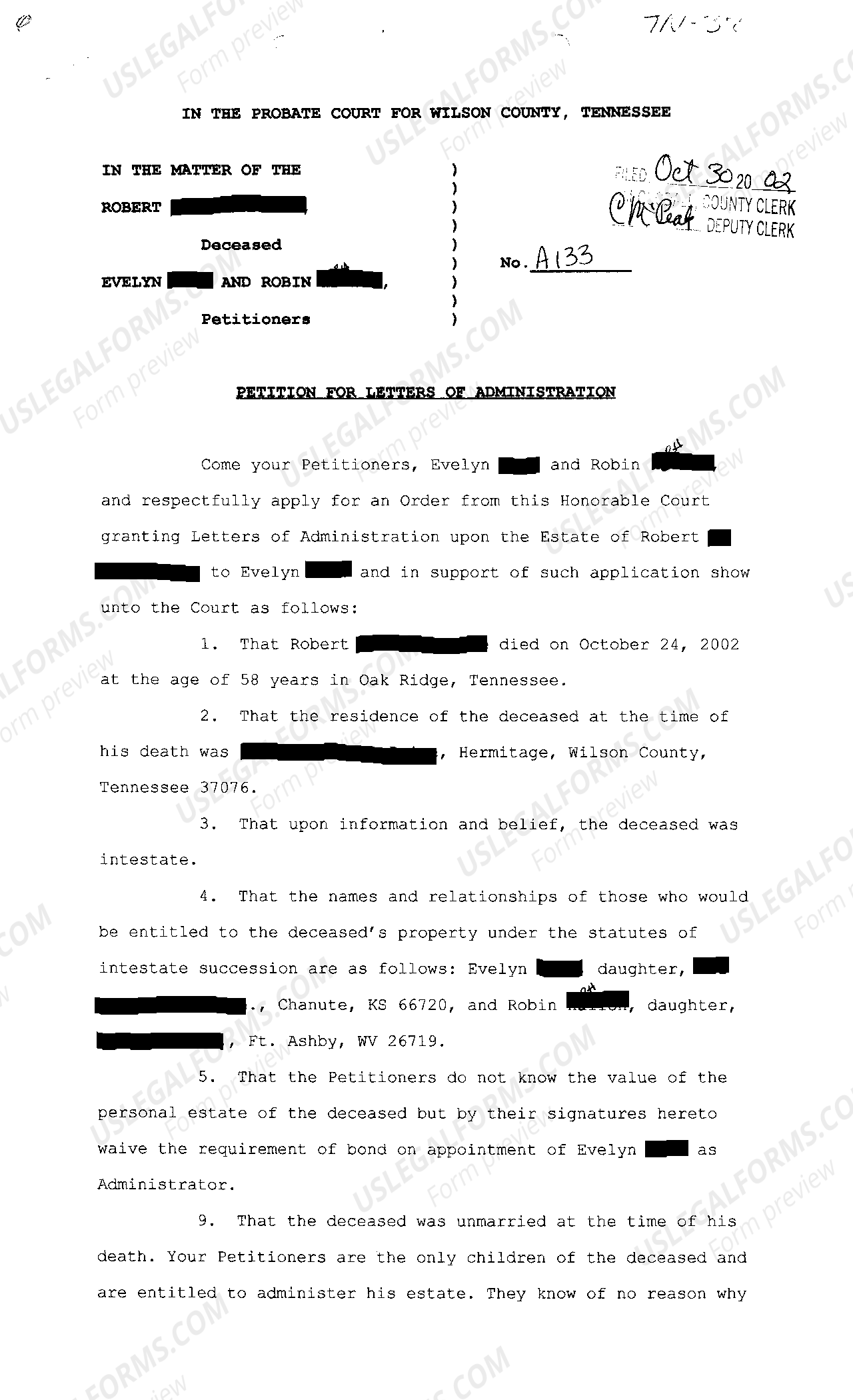 Tennessee Petition For Letters of Administration US Legal Forms