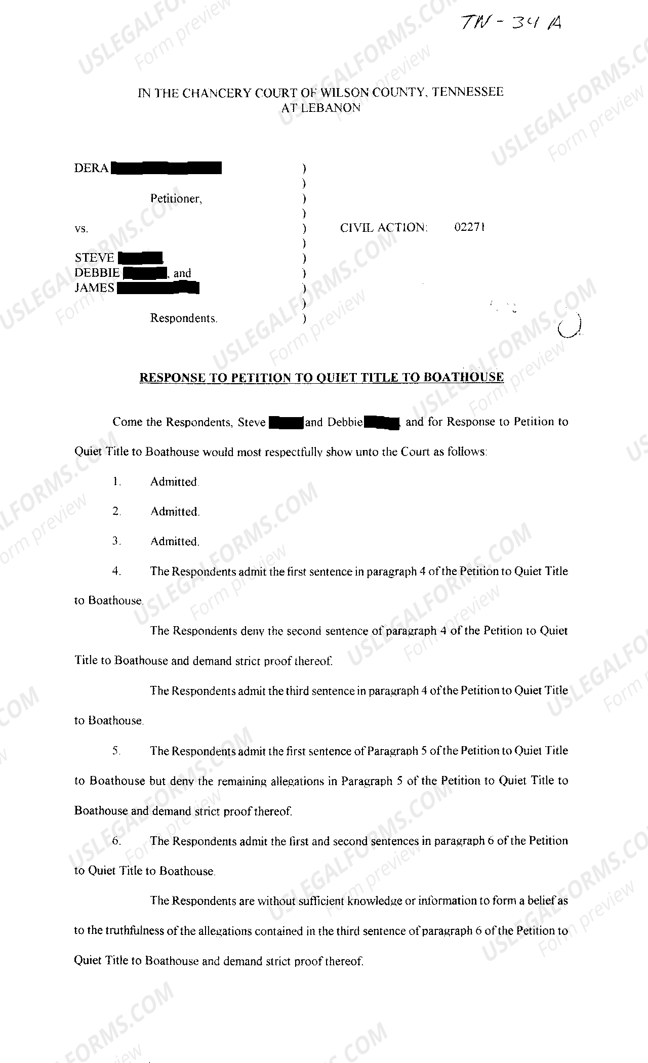 Tennessee Response To Petition To Quiet Title To Boat House Quiet