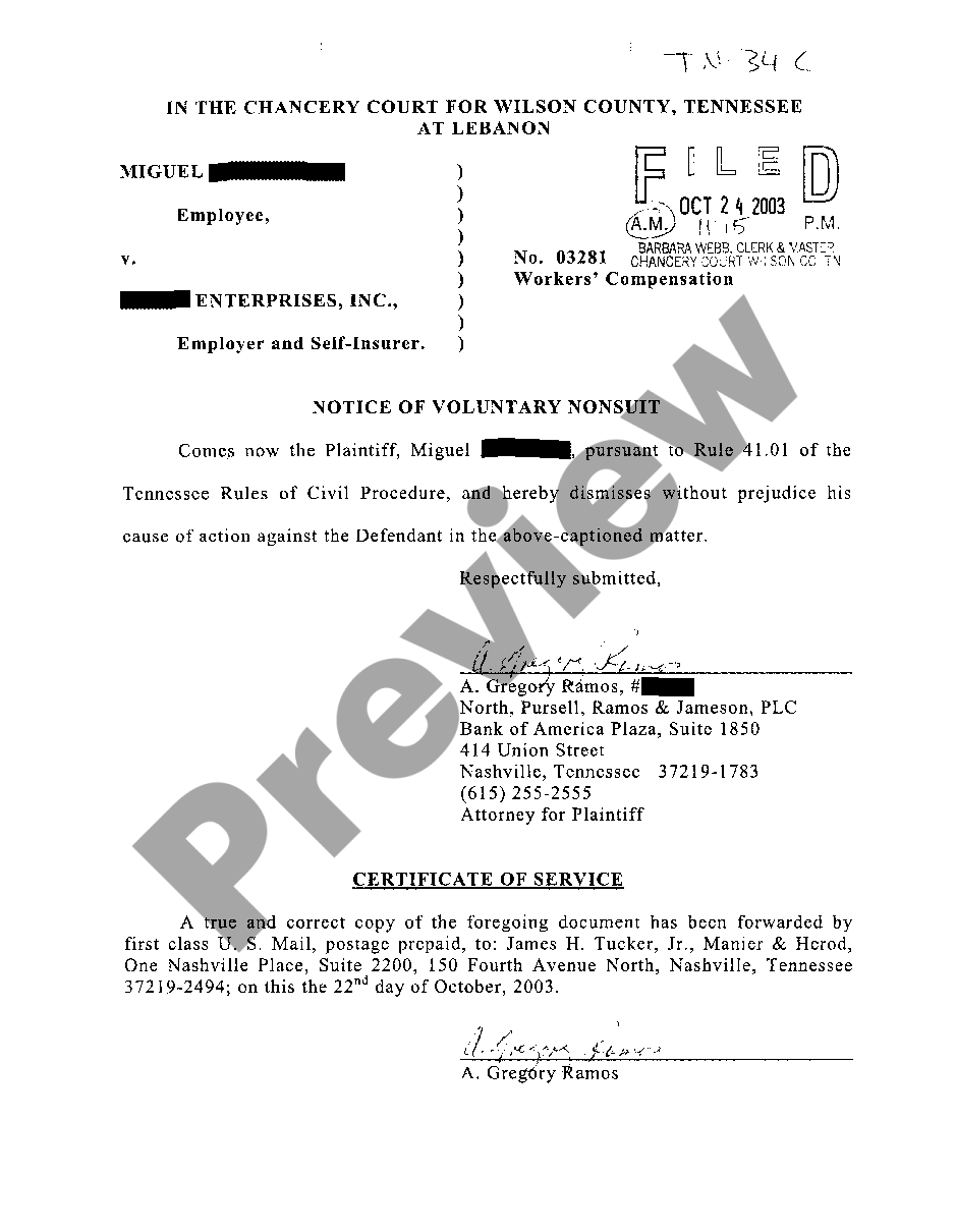 Tennessee Notice of Voluntary Nonsuit - Voluntary Nonsuit Tennessee ...