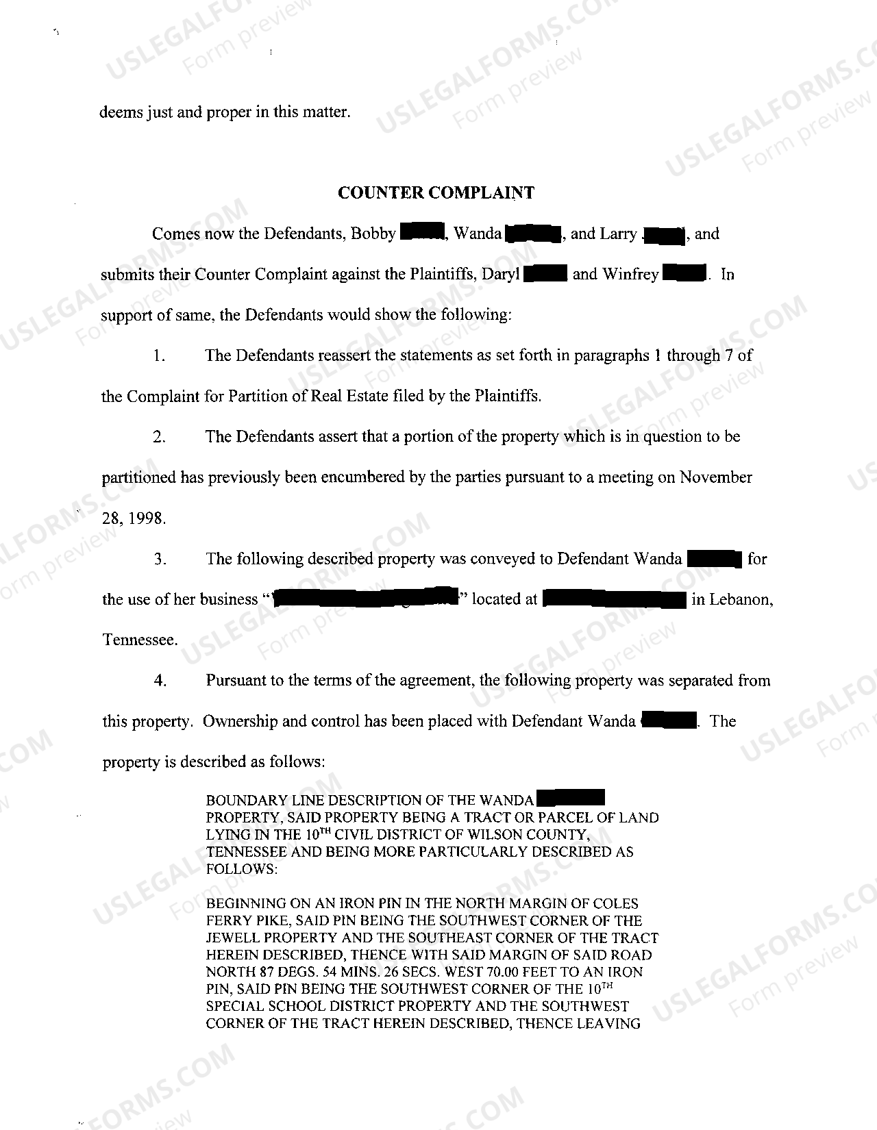 Tennessee Answer and Counter Complaint to Complaint For Partition of