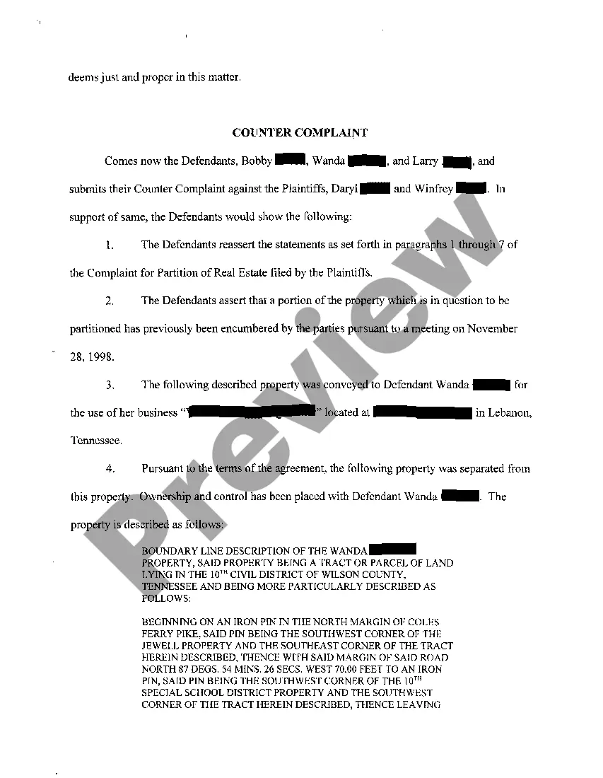 Preview A01 Answer and Counter Complaint to Complaint For Partition of Real Estate