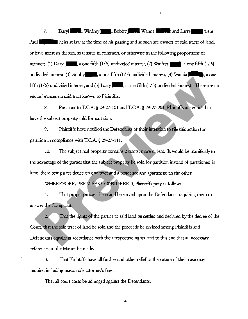 Tennessee Complaint For Partition of Real Estate US Legal Forms