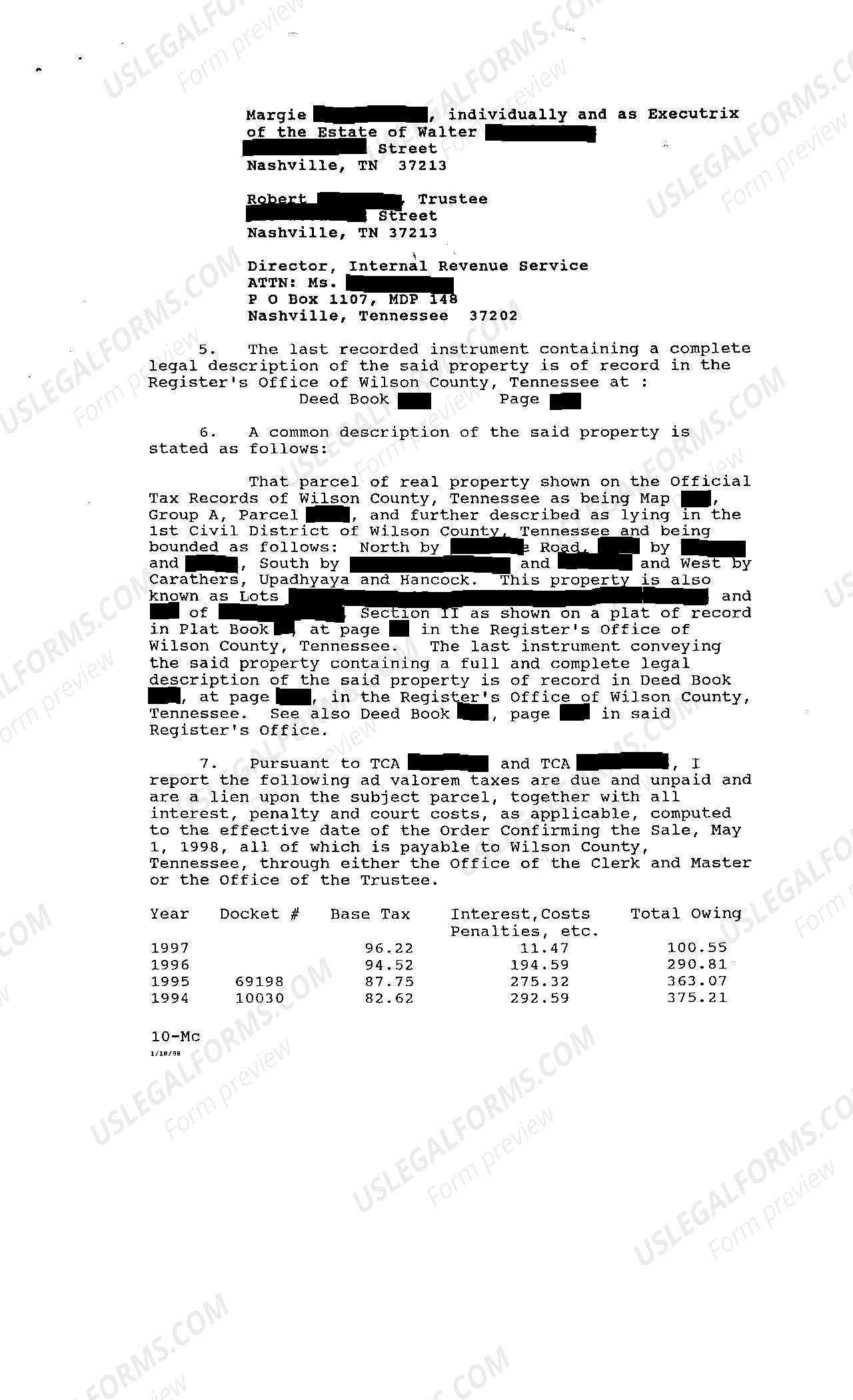 Murfreesboro Tennessee Masters Report of Delinquent Taxes US Legal Forms