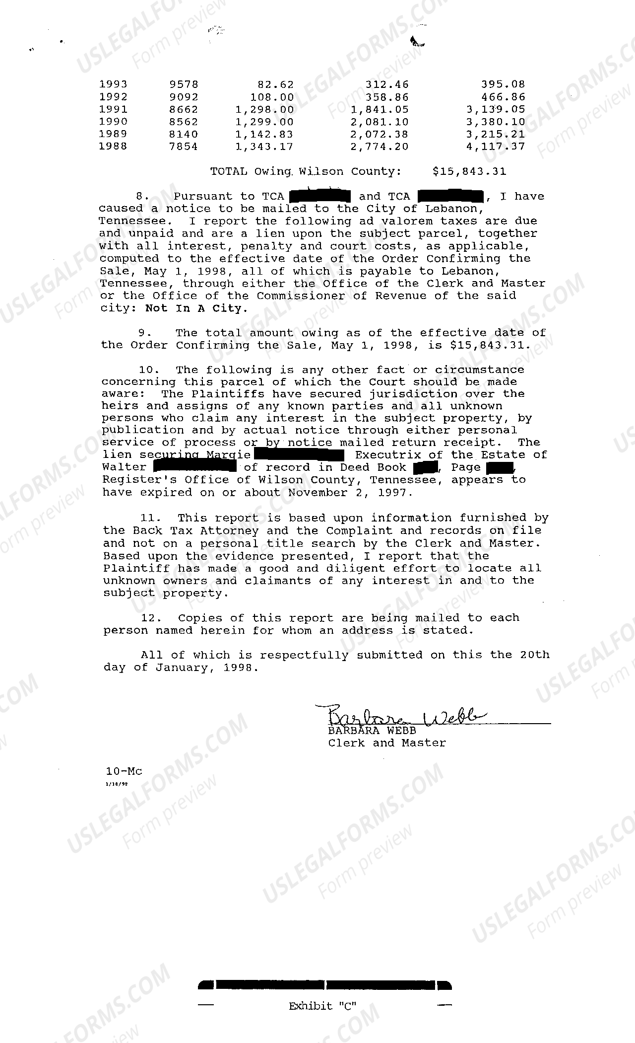 Murfreesboro Tennessee Masters Report of Delinquent Taxes US Legal Forms