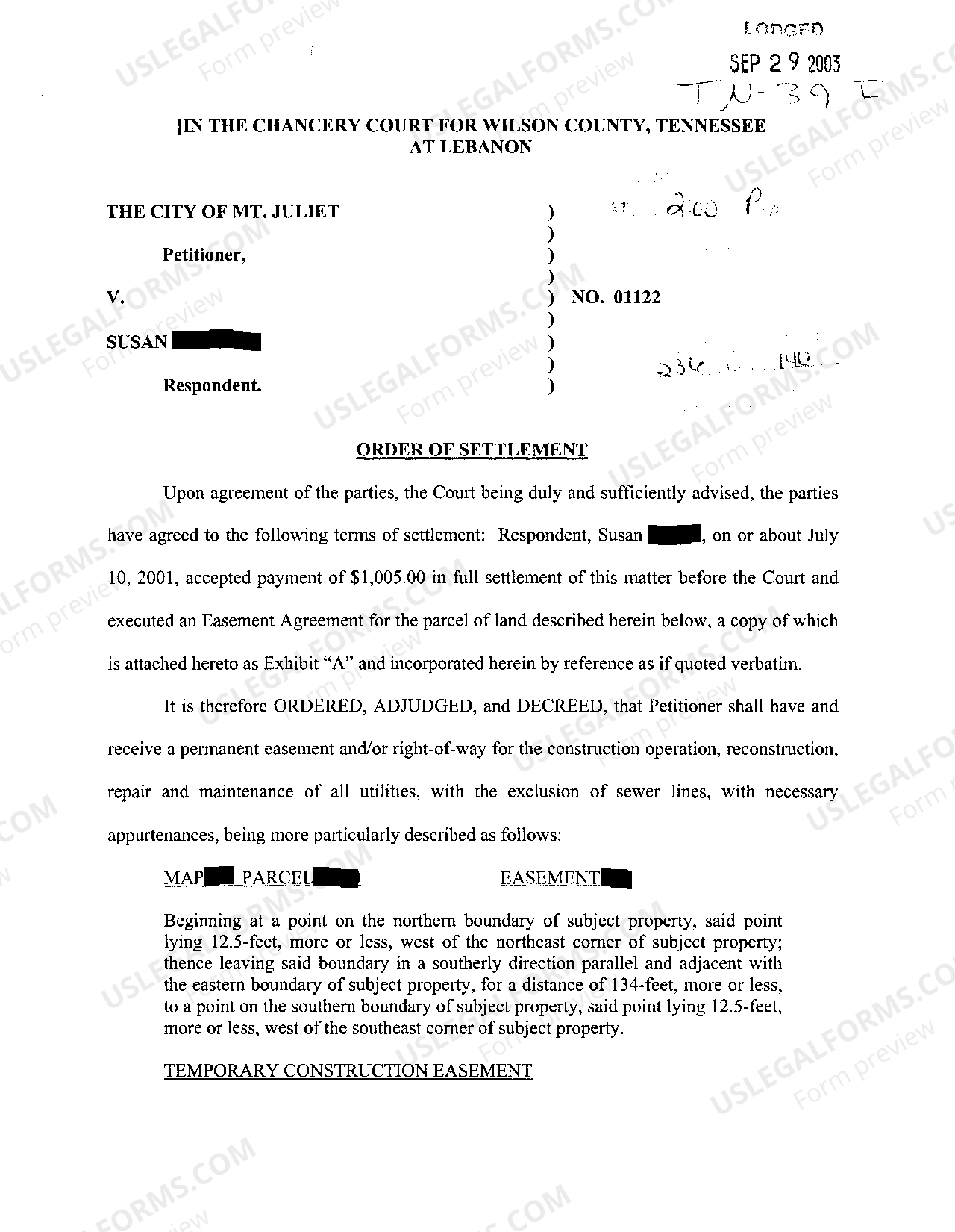 Tennessee Order of Settlement or Petitioner to Receive Title and