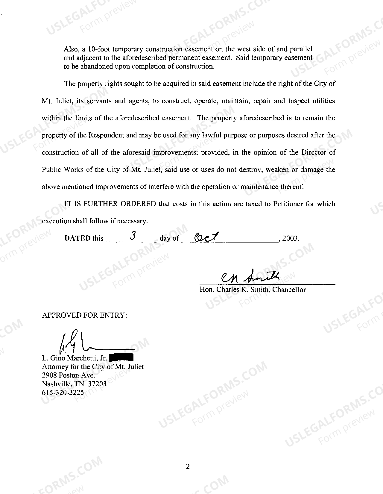 Tennessee Order of Settlement or Petitioner to Receive Title and