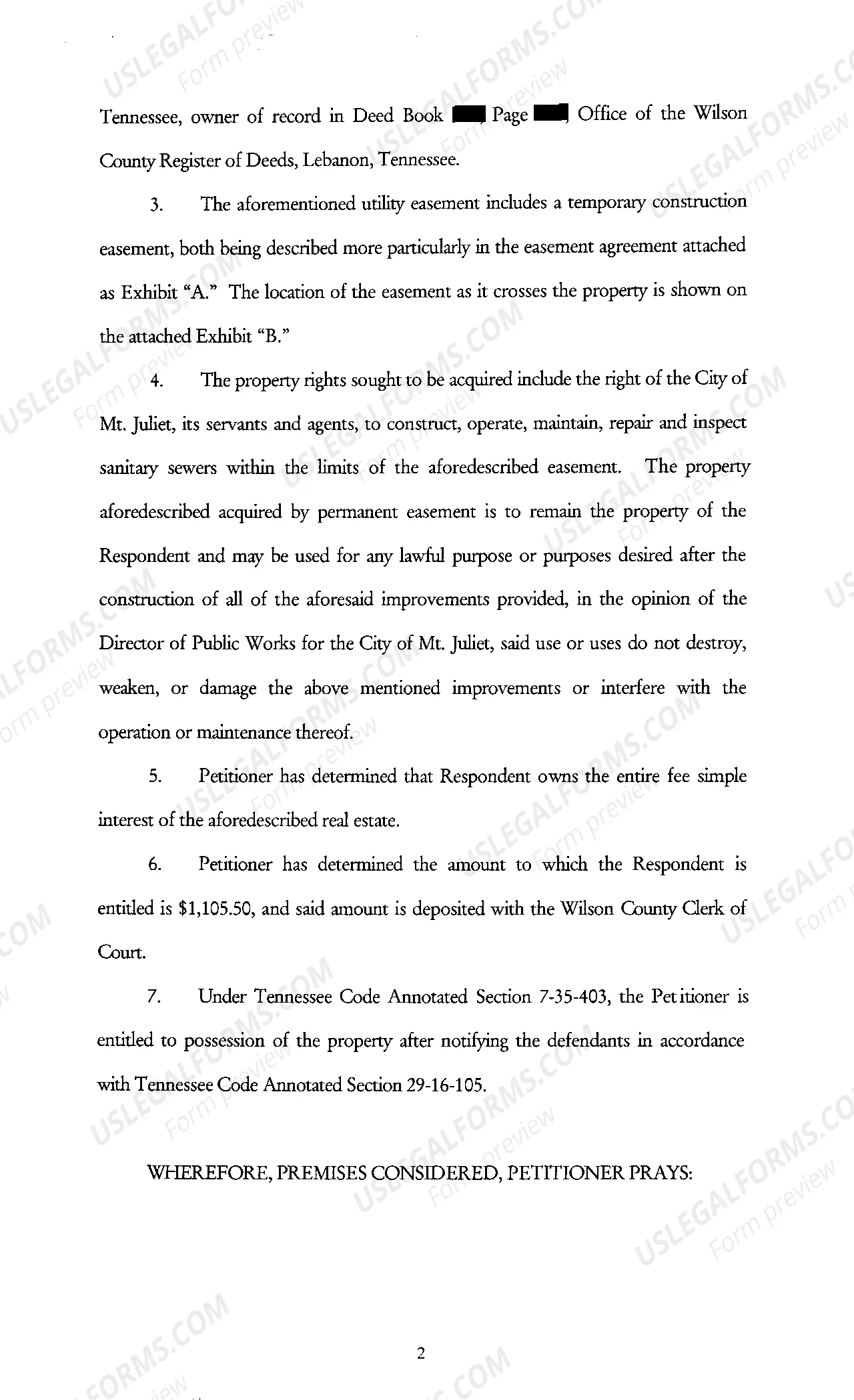 Preview A01 Petition For Condemnation for Sanitary Sewer Easement