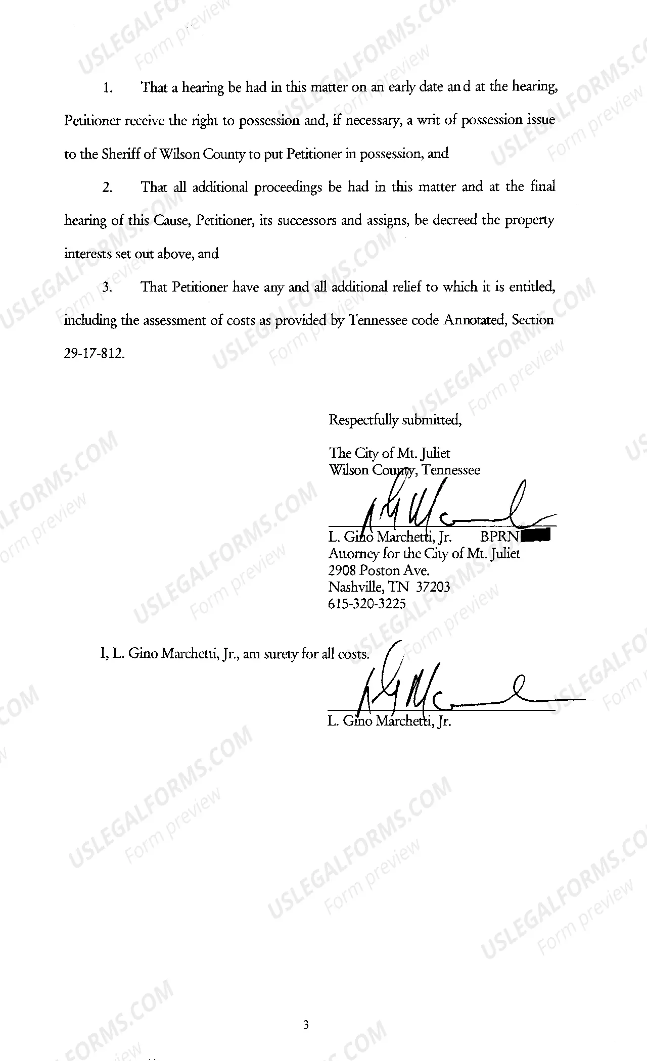 Preview A01 Petition For Condemnation for Sanitary Sewer Easement