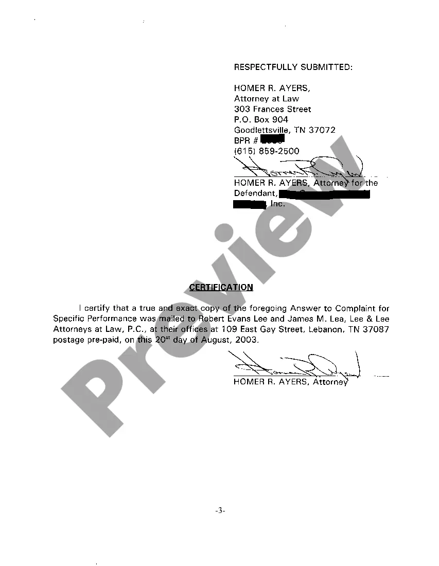 Preview A04 Answer To Complaint For Specific Performance