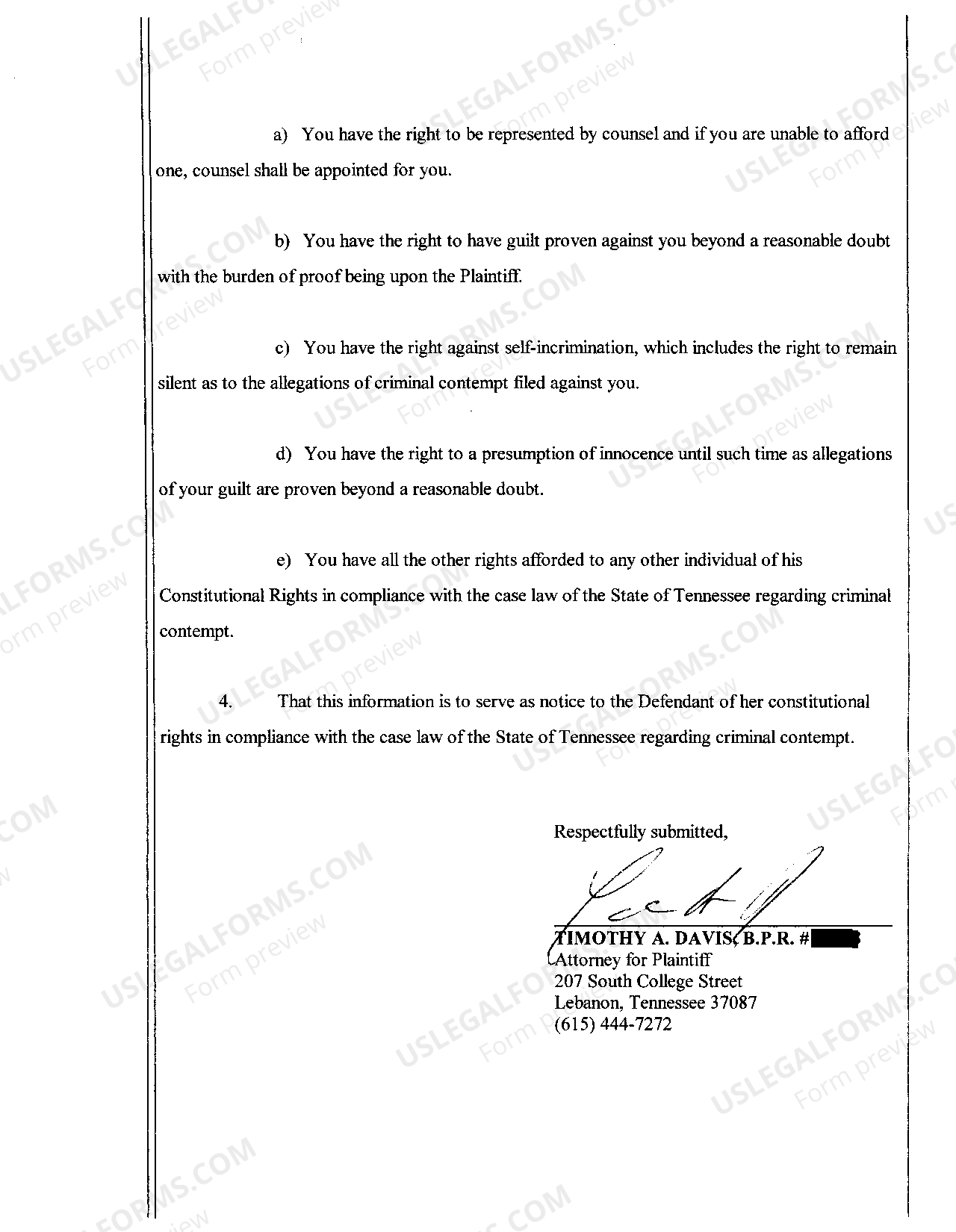 Nashville Tennessee Notice of Constitutional Rights regarding contempt US Legal Forms