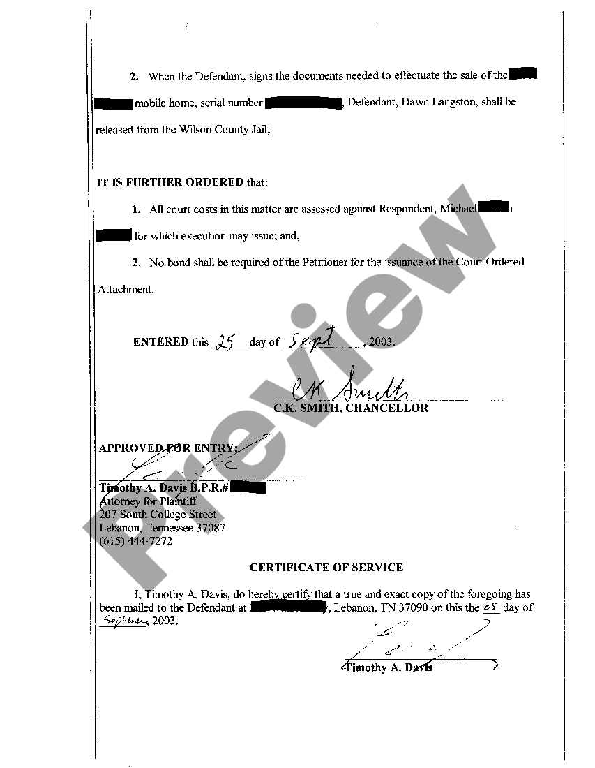 Tennessee Order For Attachment regarding contempt Attachment For