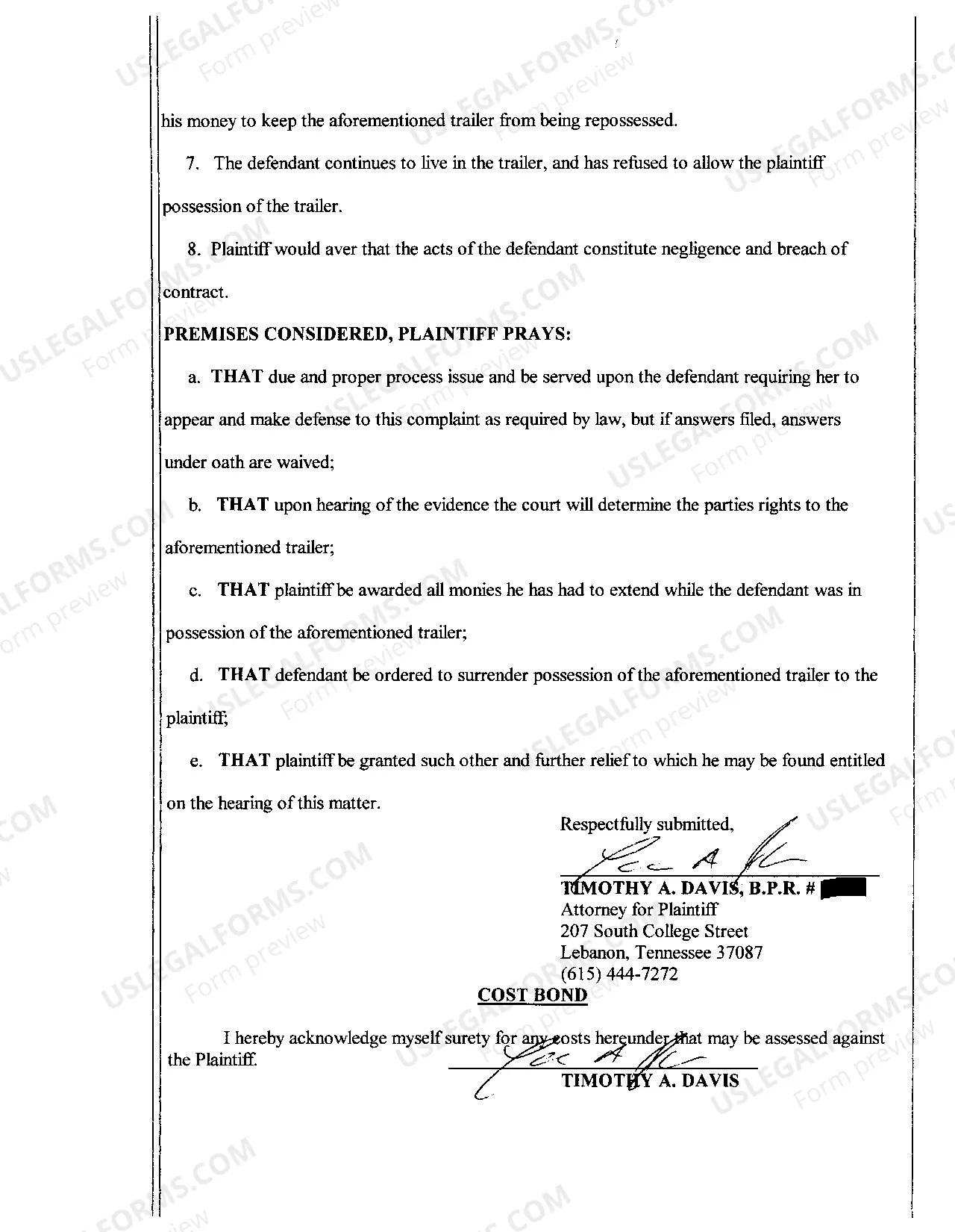 Preview A01 Complaint To Recover Personal Property