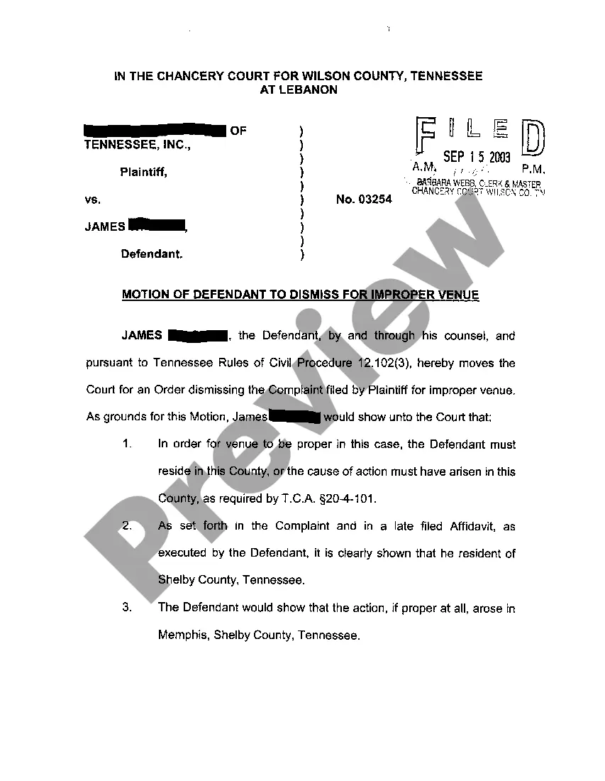 Get A03 Motion to dismiss for improper venue Preview A03 Motion to dismiss for improper venue