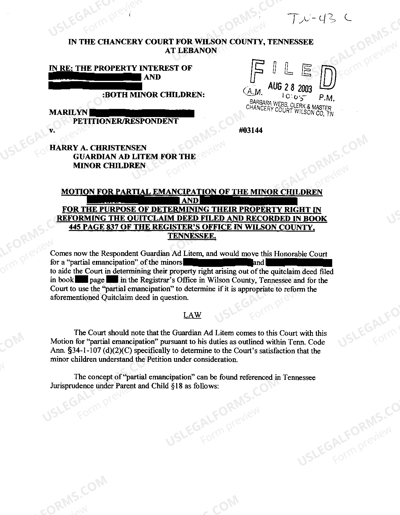 Tennessee Motion For Partial Emancipation of Minor Child Tennessee