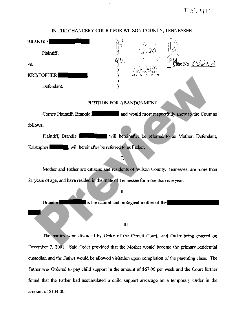 Tennessee Petition For Abandonment of Biological Father's Rights US