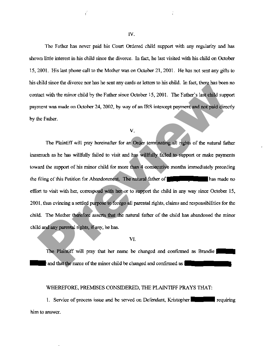 Tennessee Petition For Abandonment of Biological Father's Rights US