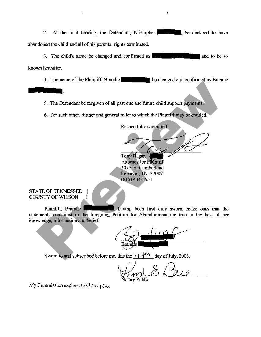 Tennessee Petition For Abandonment of Biological Father's Rights US