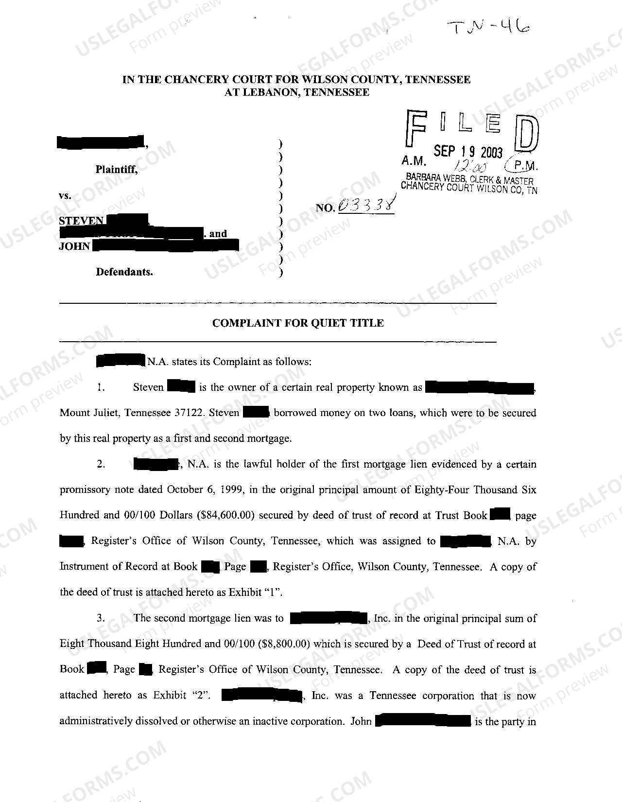Chattanooga Tennessee Complaint For Quiet Title and Request for