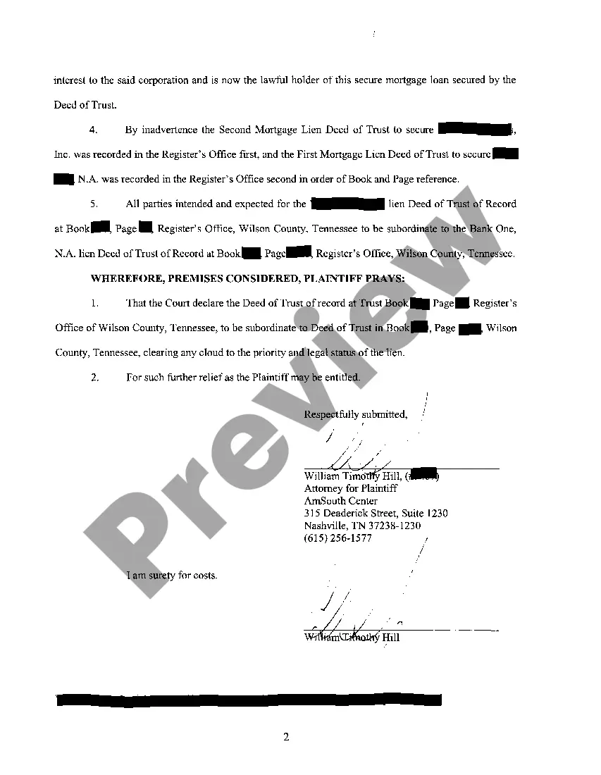 Get A01 Complaint For Quiet Title and Request for Subordination of Lienholder Preview A01 Complaint For Quiet Title and Request for Subordination of Lienholder