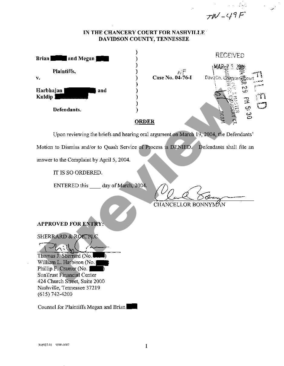 Tennessee Order Denying Motion To Dismiss | US Legal Forms