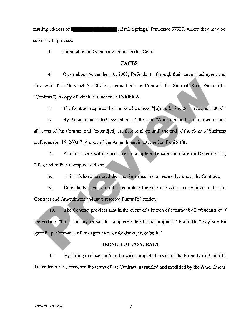 Preview A01 Complaint for Specific Performance regarding Real Estate Purchase Agreement