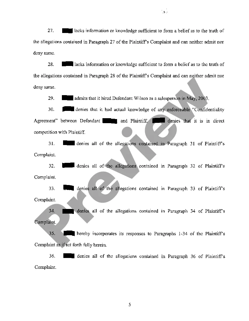 Preview A04 Answer to verified complaint alleging violation of confidentiality agreement